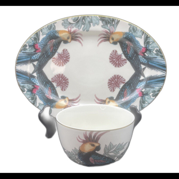 H & M Home Porcelain PARROT Motif Oval Serving Platter/Tray And Bowl RARE NWT - Picture 1 of 8